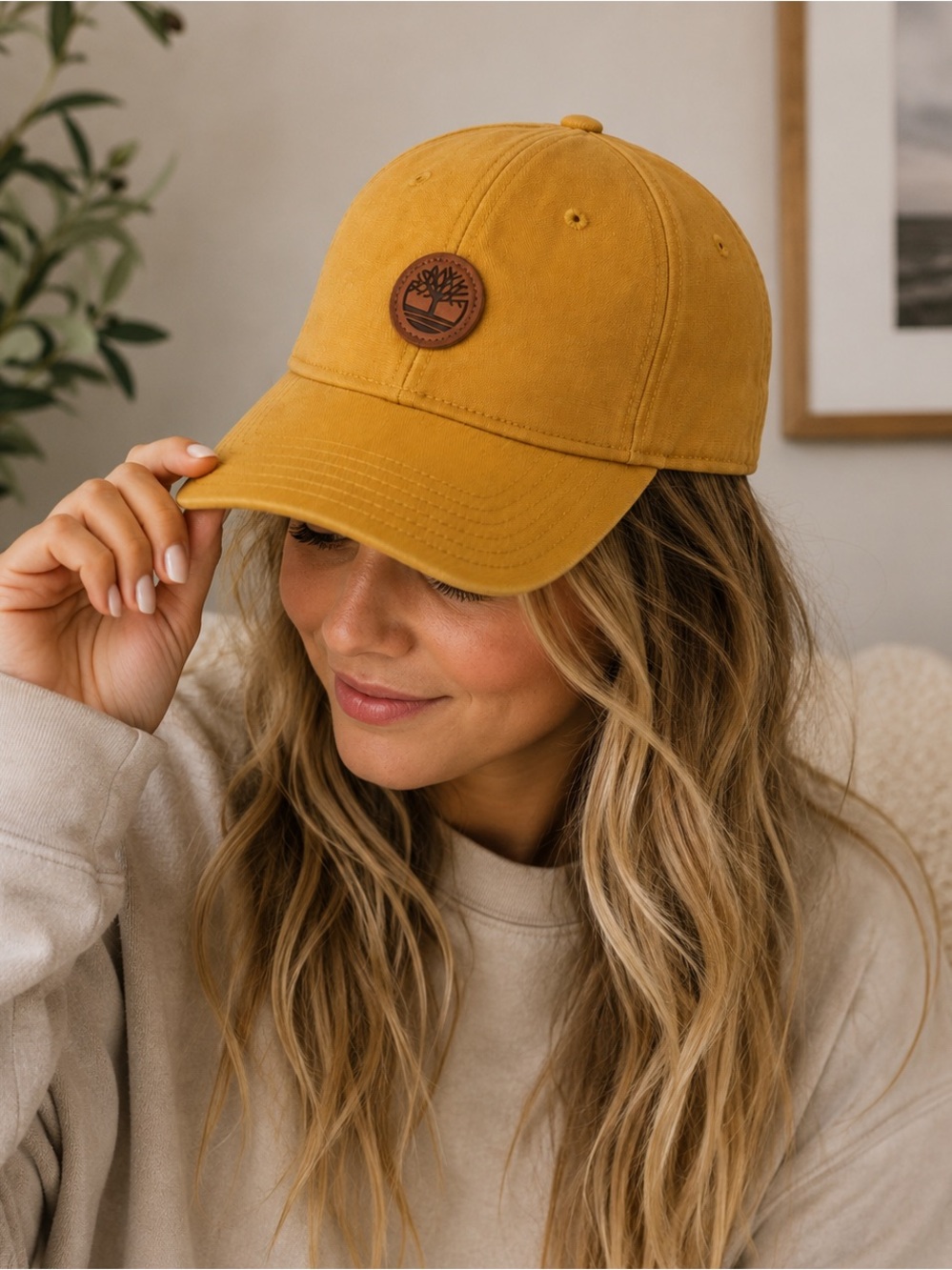 Timberland Wheat Mustard Canvas Baseball Cap Leather Tree Logo Patch unisex